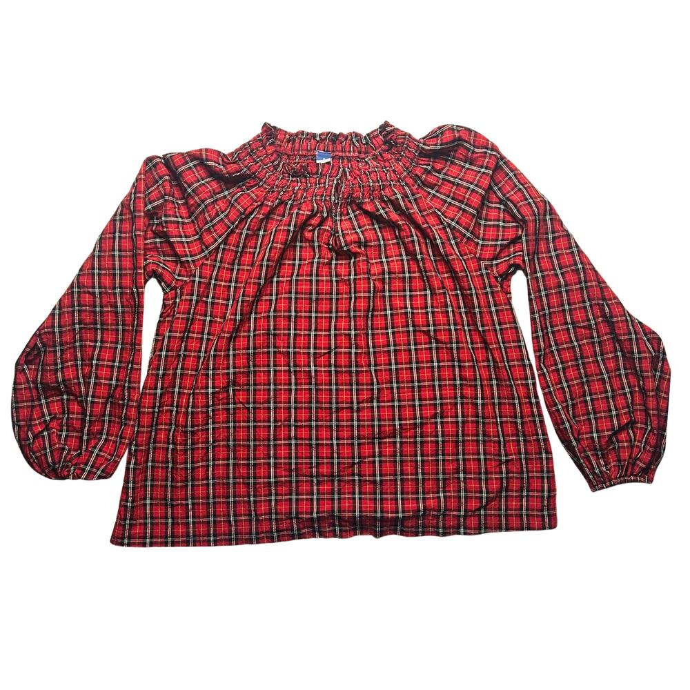 Red Black Tartan Plaid Off Shoulder Puff Sleeve Blouse M Cottagecore Prairie